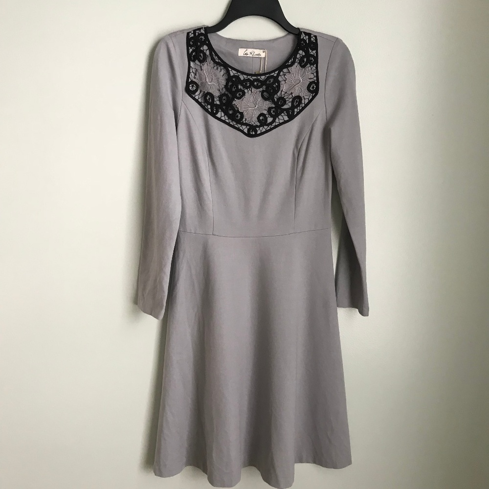 New Iren Klairie Gray Lace Trim Long Sleeve Dress